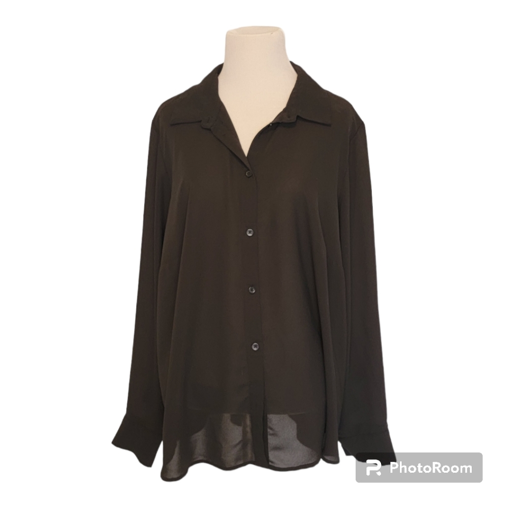 Eloquii Women's Plus Size Black Chiffon Collared Blouse with Flutter Trim - 18
